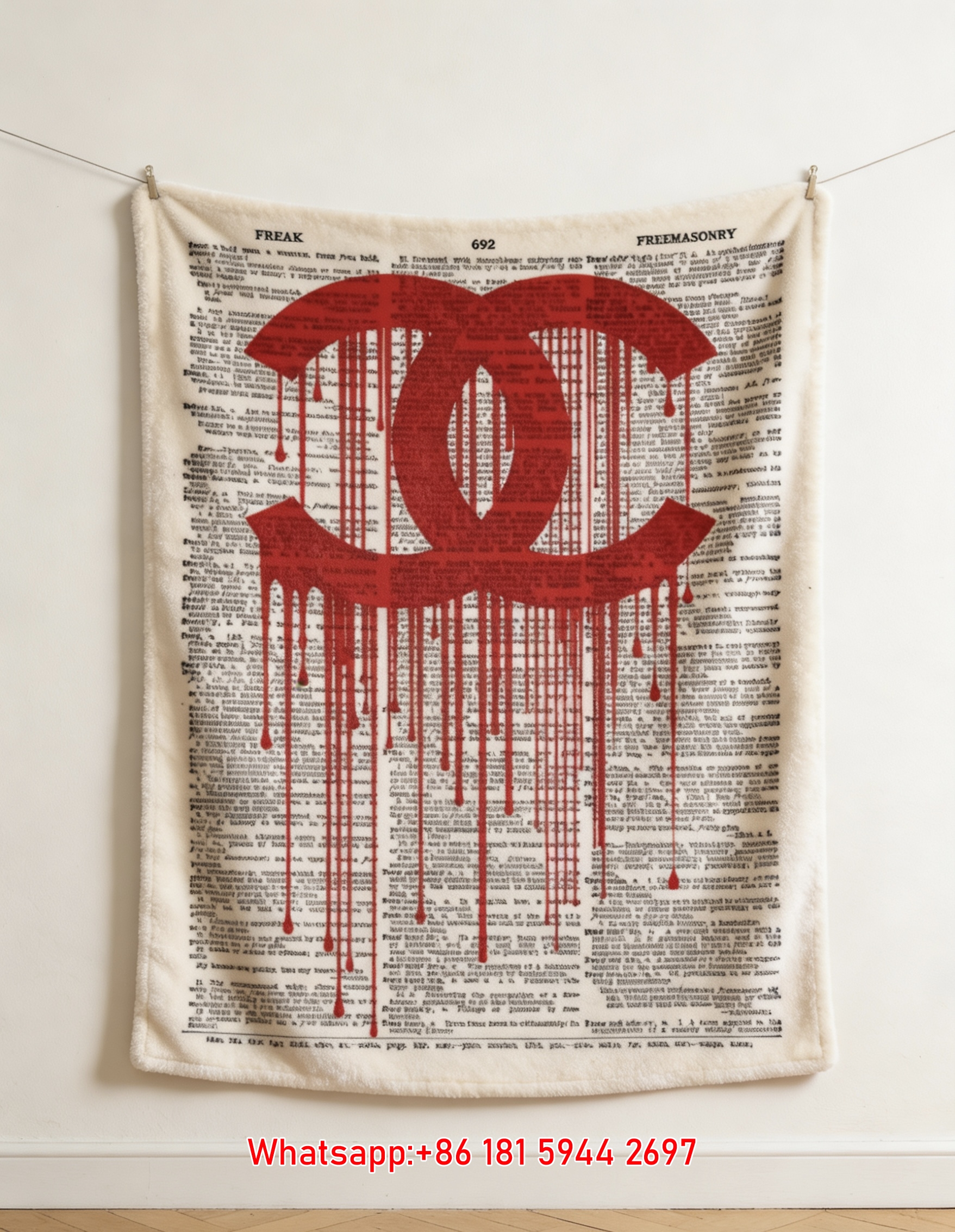 Chanel Red Dripping CC Logo Vintage Dictionary Page Flannel Sofa Throw Blanket IMG_6784